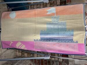 beach towel sandcastle pink blue orange 1980s
